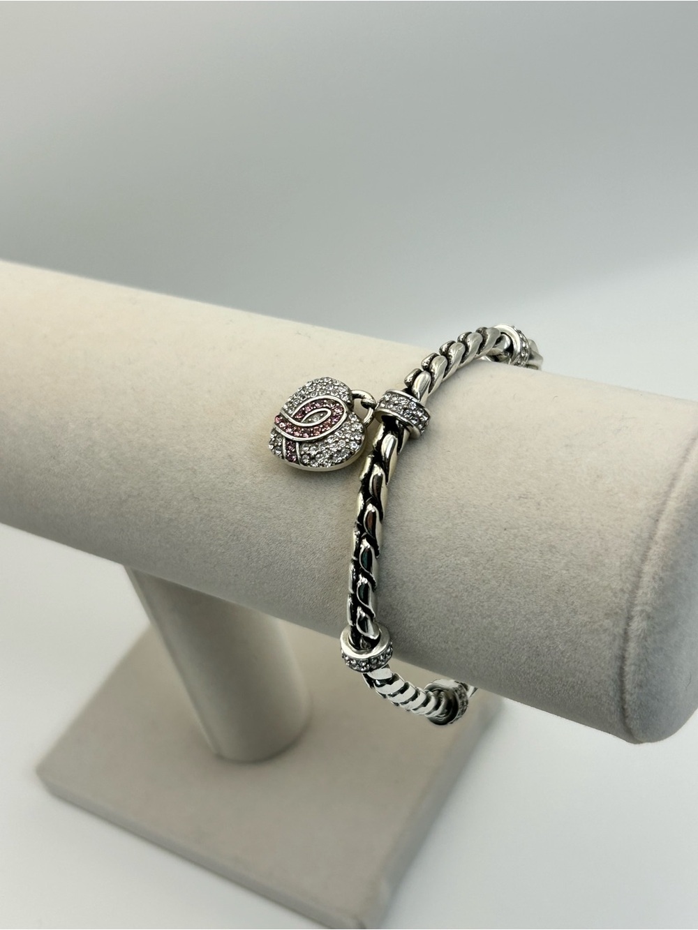 Brighton Meridian Power of Pink Bracelet Crystal Heart Charm Silver Plated 8"